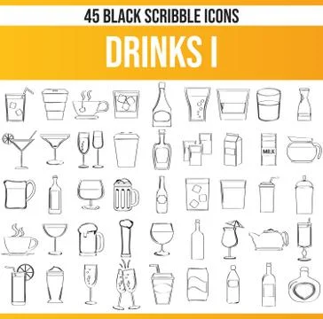 Scribble Black Icon Set Drinks Stock Illustration