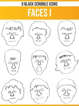 Scribble Black Icon Set Faces Illustrazione stock