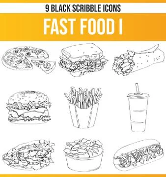 Scribble Black Icon Set Fast Food Stock Illustration