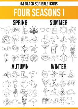 Scribble Black Icon Set Four Seasons Stock Illustration