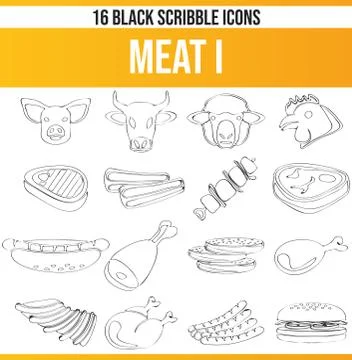 Scribble Black Icon Set Meat Stock Illustration