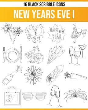 Scribble Black Icon Set New Years Eve Illustrazione stock