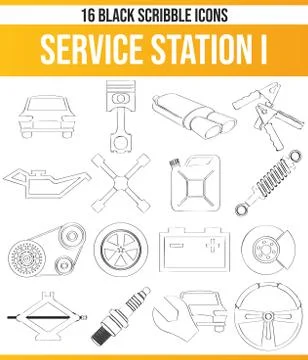 Scribble Black Icon Set Service Station Stock Illustration