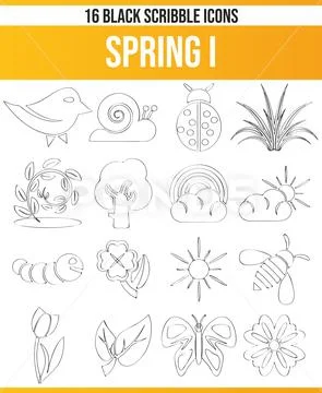 Scribble Black Icon Set Spring 스톡 일러스트