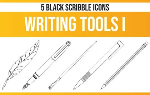 Scribble Black Icon Set Writing Tools Stock Illustration