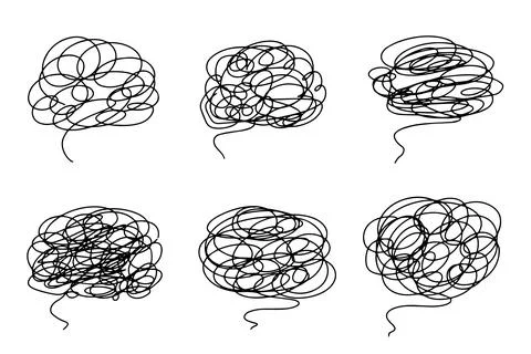 Scribble brain doodle icon set, hand drawn messy line sketch, abstract tangle Stock Illustration