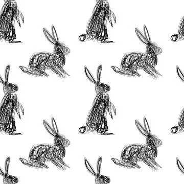 Scribble Bunny Hand Drawn Seamless Pattern, Sketch Rabbit Vector Background Stock Illustration