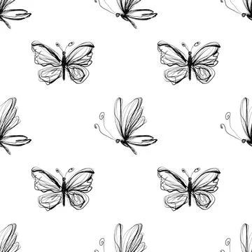 Scribble Butterfly Hand Drawn Seamless Pattern, Sketch Flying Butterflies Vector Stock Illustration