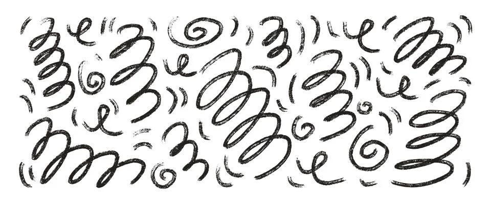 Scribble chalk wavy shapes. Squiggle hand drawn confetti set. Vector black and Stock Illustration