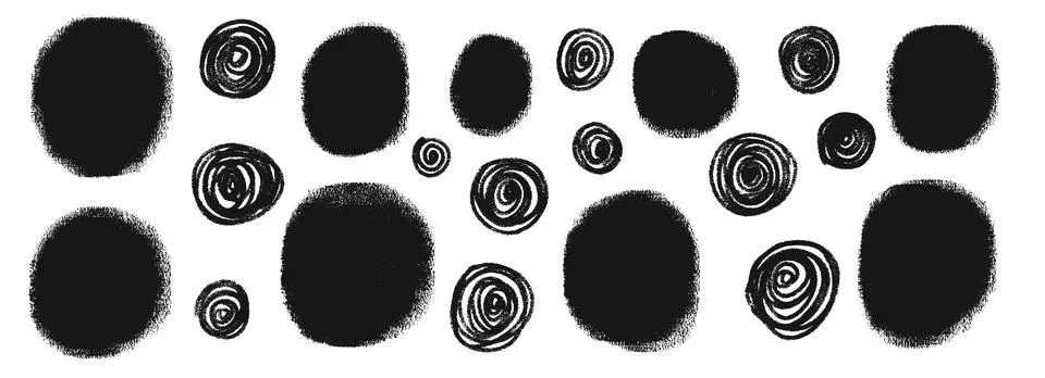 Scribble charcoal circle set. Polka dots aerosol spray shapes pack. Vector black Stock Illustration