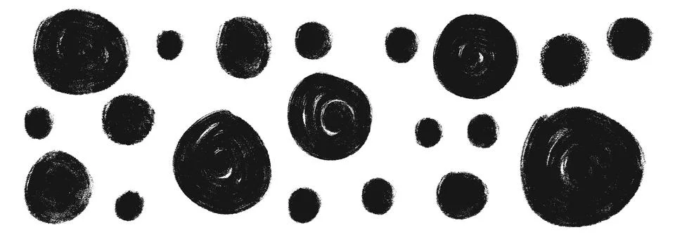 Scribble charcoal circle set. Polka dots aerosol spray shapes pack. Vector black Stock Illustration