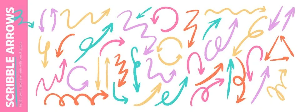 Scribble crayon arrow collection. Doodle curved and straight hand drawn poi.. Stock Illustration