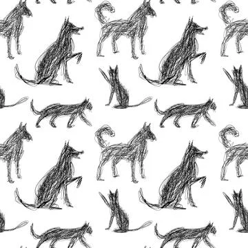 Scribble Dog, Cat Hand Drawn Seamless Pattern, Sketch Dog Breeds Vector Stock Illustration
