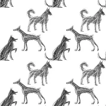 Scribble Dog, Hand Drawn Seamless Pattern, Sketch Dog Breeds Vector Background Stock Illustration