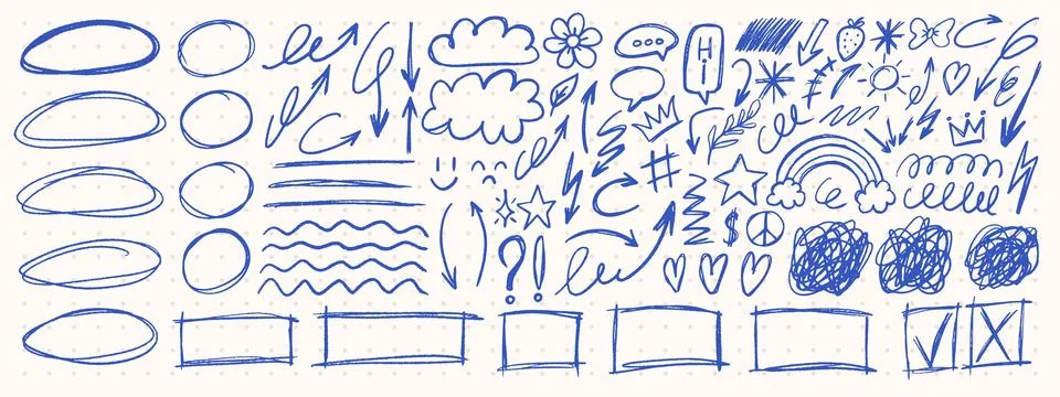 Scribble doodle collection. Crayon arrows, hearts and circles. Rough chalk .. Stock Illustration