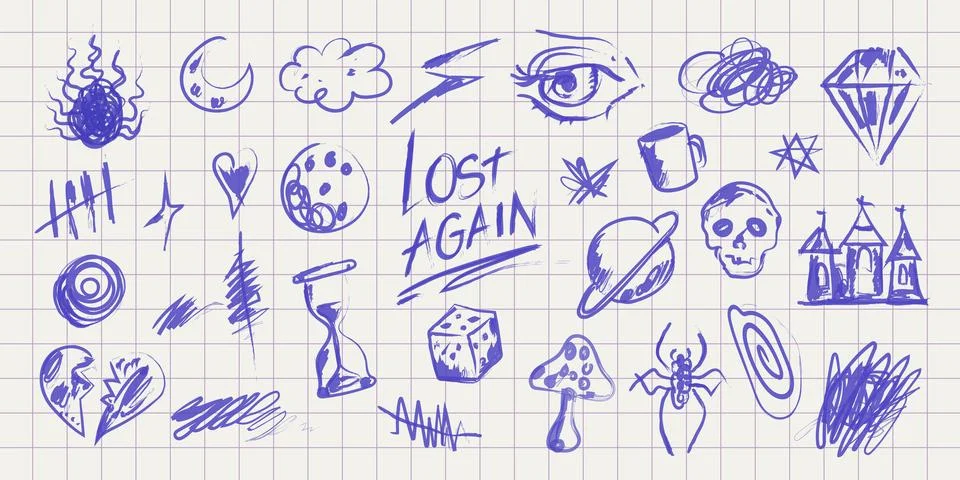 Scribble doodle elements for print and stickers. Hand drawn emotional chaos.. イラスト素材