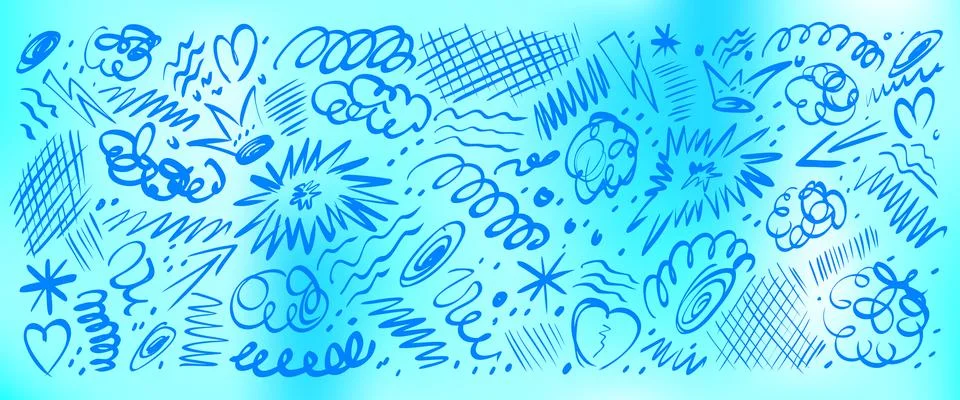 Scribble doodle marks on a blur blue gradient background in aqua and light tones イラスト素材