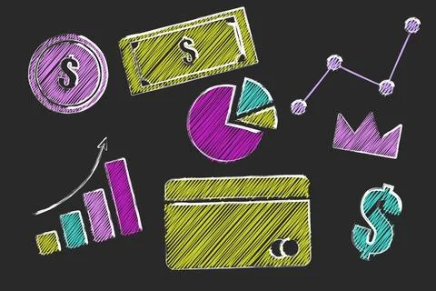 Scribble doodle set with money and finance, collage style infographic with .. Stock Illustration