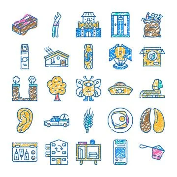 Scribble drawing icons representing various objects and concepts Illustrazione stock