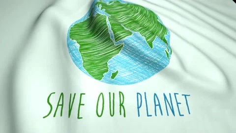 Scribble earth drawing, save our planet text on a waving flag. environmental iss Stock Footage 136930401