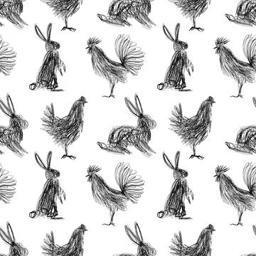 Scribble Farm Animals Hand Drawn Seamless Pattern, Sketch Rooster Hen Rabbit Stock Illustration