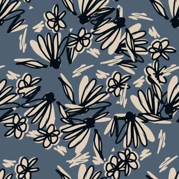 Scribble flower seamless pattern on gray background. Hand drawn floral endles Illustrazione stock