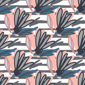 Scribble flower seamless pattern on stripes. Hand drawn floral endless wallpa Illustrazione stock