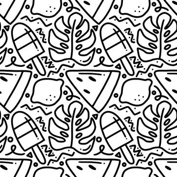 Scribble pattern of hand drawn seaweed, ice cream, and fruit lime Stock Illustration