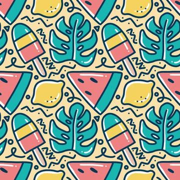 Scribble pattern of hand drawn seaweed, ice cream, and fruit lime Illustrazione stock