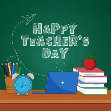 Scribble Style Happy Teacher's Day Text on Green Chalkboard with Laptop and.. イラスト素材