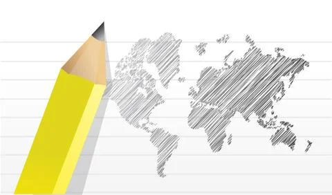 Scribble world map illustration design over a notepad paper Stock Illustration
