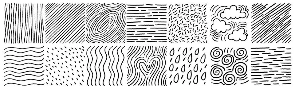 Scribbled crosshatch pattern pack with sketchy lines curls clouds and abstr.. Stock Illustration