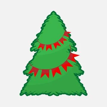 Scribbled eve tree icon with decorative garlands, circus red flags, on white Stock Illustration