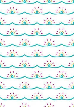 Scribbled wave line seamless pattern, cute geometrical grid template, sun symbol Stock Illustration