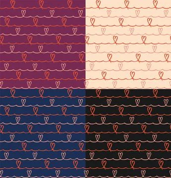 Scribbled wave line seamless pattern, cute geometrical grid template, red hearts Stock-Illustration