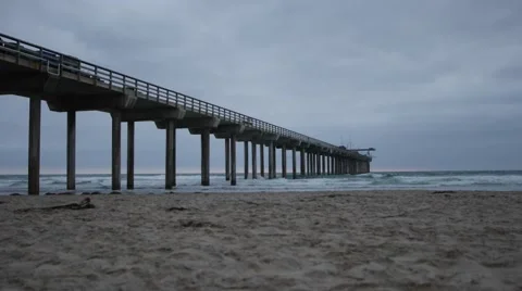 SCRIPPS PIER TIMELAPSE, San Diego Beach, overcast, small waves Stock Footage 58307053
