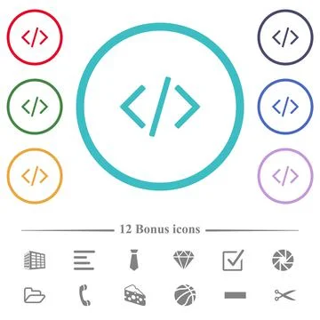 Script code flat color icons in circle shape outlines Stock Illustration