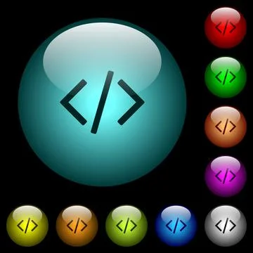 Script code icons in color illuminated glass buttons 스톡 일러스트