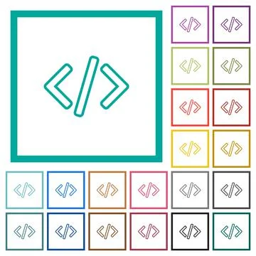 Script code outline flat color icons with quadrant frames 스톡 일러스트