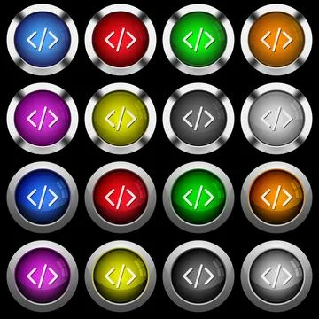 Script code white icons in round glossy buttons on black background Stock Illustration