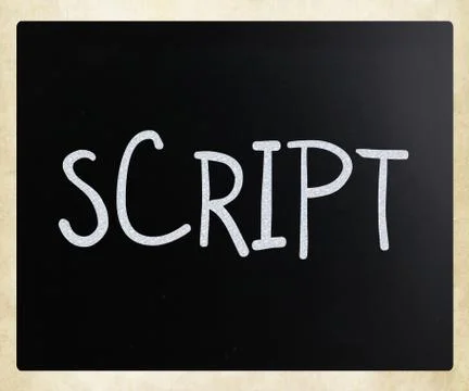"Script" handwritten with white chalk on a blackboard Stock Photos