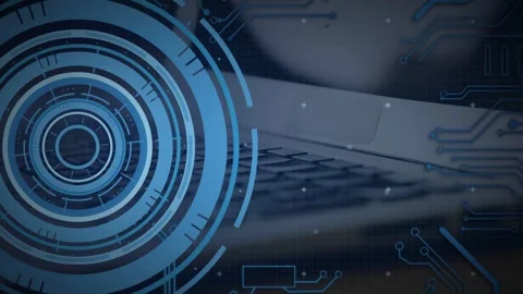 On script load blue HUD pulsing over laptop while code lines scrolling to Stock-Footage 334729088