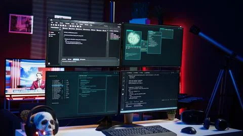 Script running on computer in secret base of operations used by hacker Stock Photos