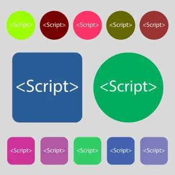 Script sign icon. Javascript code symbol.12 colored buttons. Flat design. Vec Stock Illustration
