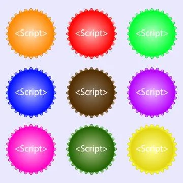 Script sign icon. Javascript code symbol. A set of nine different colored lab Stock Illustration