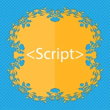 Script sign icon. Javascript code symbol. Floral flat design on a blue abstract Stock Illustration