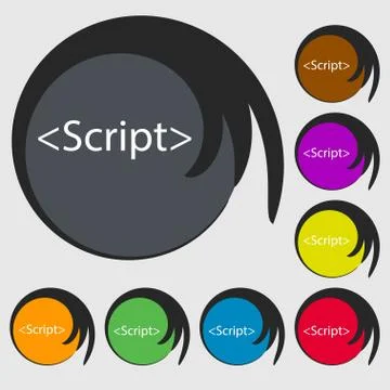 Script sign icon. Javascript code symbol. Symbols on eight colored buttons. Stock Illustration