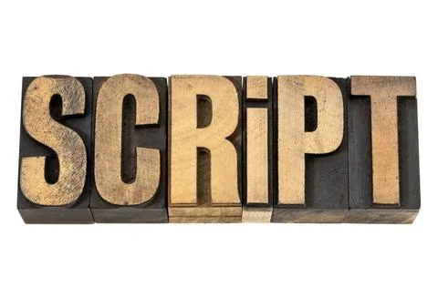  script - word in letterpress wood type script - isolated word in vintage ... Foto stock