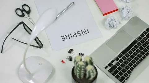 The script writer's workplace. A blank sheet of paper and inspiration on table 스톡 동영상 76870917