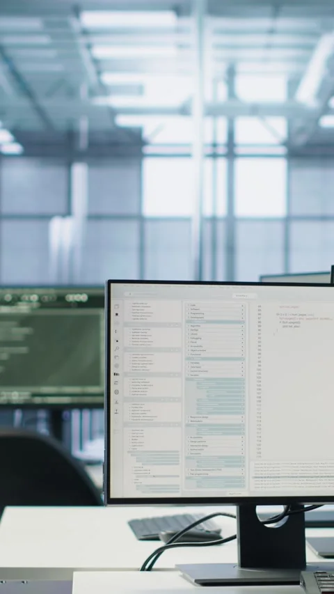 Scripts running on desktop PC monitors upgrading servers in data center Stock Footage 319523134